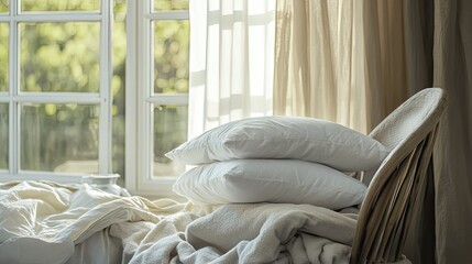 Neatly arranged pillows and a folded duvet on a chair, next to an open window with flowing curtains, suggesting a relaxing weekend.