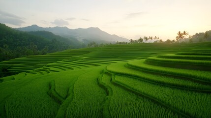 Fototapeta premium Vibrant green rice terraces at sunrise, surrounded by majestic mountains and mist, creating a serene and peaceful atmosphere. Real Beauty Landscape Concept