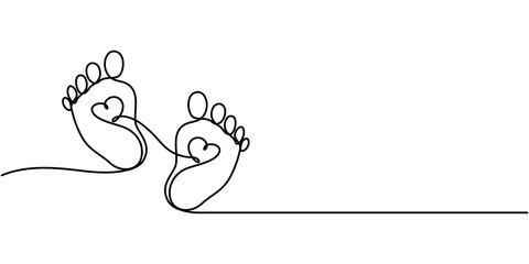 Silhouettes of feet of a family, feet of a child, a woman and a man in one line modern style. Decor outline, wall poster, stickers, logo, continuous line drawing of a pair of legs.