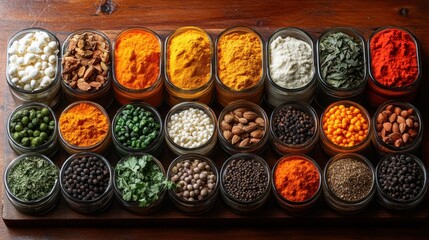 Colorful spices arranged on a wooden table, viewed from an overhead perspective, highlighting the diversity and vibrancy 