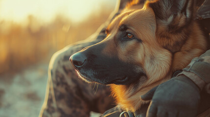 Military Dog and Handler, showcasing a military dog and its handler in action, with copy space, Veterans Day