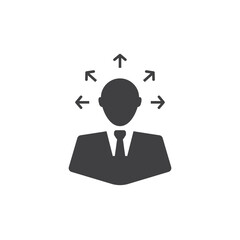 Businessman in a suit and tie with arrows pointing in various directions.