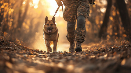 Military Dog and Handler, showcasing a military dog and its handler in action, with copy space, Veterans Day