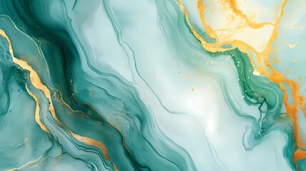 Watercolor green gold abstract marble poster background