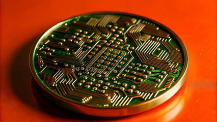 Obraz premium Macro Shot of a Futuristic Coin Featuring Intricate Digital Circuitry Patterns, Blending Traditional Currency with Modern Finance Technology on a White Background - Stock Photo Concept