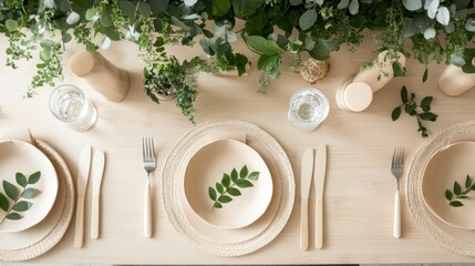 An inviting table setting featuring eco-friendly paper tableware and compostable packaging, emphasizing sustainability in everyday meals. Ideal for marketing eco products