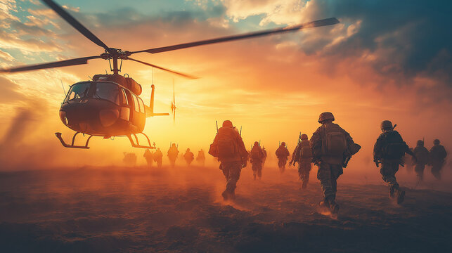Helicopter Evacuation, featuring a helicopter evacuation scene, symbolizing military service, with copy space, Veterans Day
