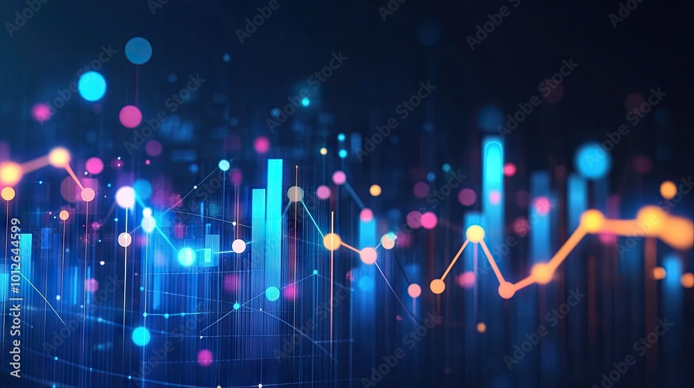 Poster bar graphs with rising and falling lines connected by dots, representing changes in business perform