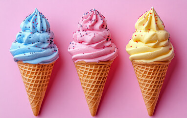 Three ice cream cones in blue, pink, and yellow with sprinkles on pink