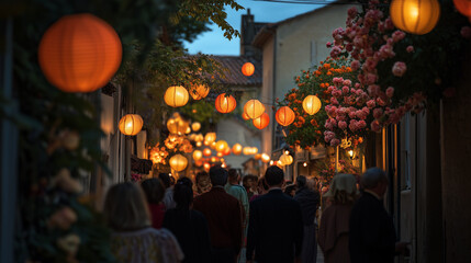 Naklejka premium Morning atmosphere at the Toussaint festival, French village streets decorated with chrysanthemums and lanterns, Ai generated images