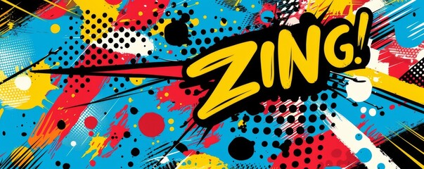 Playful pop art background featuring "ZING!" Dynamic visuals, Bold patterns, Colorful vector