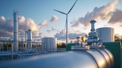 Obraz premium Close-up of hydrogen gas production at a wind farm, illustrating the synergy between renewable energy and clean hydrogen technology for net zero emissions