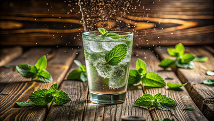Fototapeta premium Refreshing glass of sparkling water overflowing with fresh mint leaves, set against rustic wooden background. vibrant green mint adds lively touch to scene