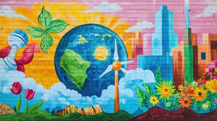 Fototapeta premium Colorful Earth Day mural showcasing the themes of renewable energy, sustainability, and the importance of the 3Rs: Reduce, Reuse, Recycle. Space for text. -