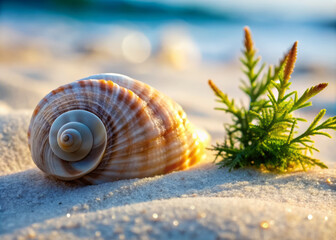 beautiful shell delicately resting on bed of soft, powdery sand, accompanied by small green plant, captures serene essence of beach setting. gentle waves in background enhance tranquil atmosphere