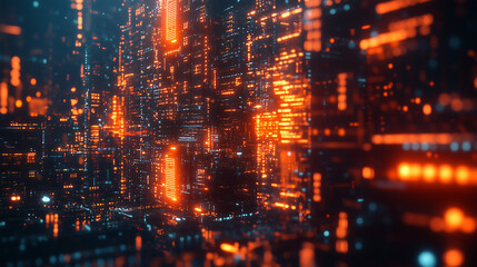 Naklejka premium Futuristic cyberpunk city with glowing digital architecture and advanced AI powered networks