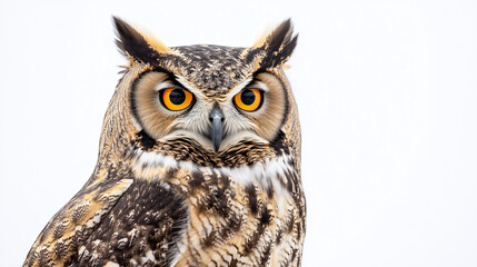 Obraz premium A portrait of an owl on a white background with bright orange eyes and detailed feather texture, showcasing every detail of its majestic appearance