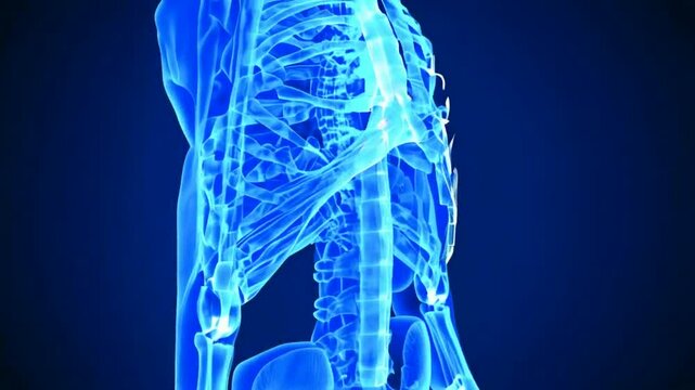 A blue-toned illustration of a human thoracic structure highlighting bones and organs.