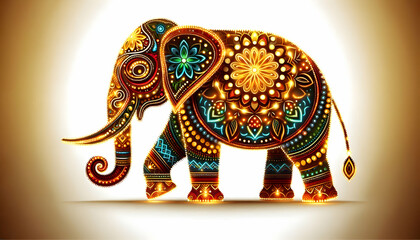 Fototapeta premium Abstract Diwali elephant with glowing traditional patterns isolated on a white background concept as An abstract vector featuring a Diwali elephant adorned with glowing traditional patterns isolated o