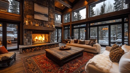 Fototapeta premium Cozy fireplace with logs stacked beside it, shot from a warm perspective, highlighting the inviting glow and rustic elements 