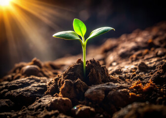 delicate sprout emerges from dark soil, symbolizing new life and growth. sunlight illuminates scene, highlighting resilience of nature