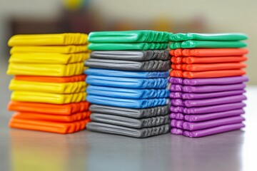 Neatly organized stacks of clay showcasing a spectrum of colors.