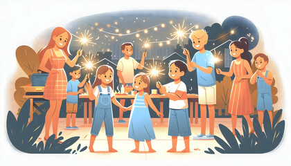 Candid Moment of Children Joyfully Playing with Glowing Sparklers at Backyard Barbecue Celebration - Flat Vector Illustration