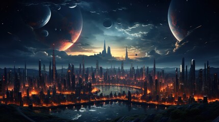 Fototapeta premium Futuristic Cityscape Under a Starry Sky