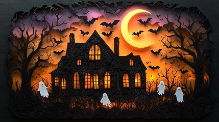 Spooky paper-cut haunted house scene, crescent moon casting shadows, ghosts floating near the windows, bats circling the house, intricate paper layers, detailed silhouettes of the house and trees,