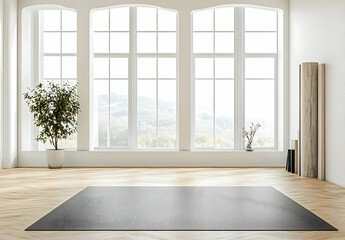 Fototapeta premium Bright Minimalist Yoga Studio with Large Windows