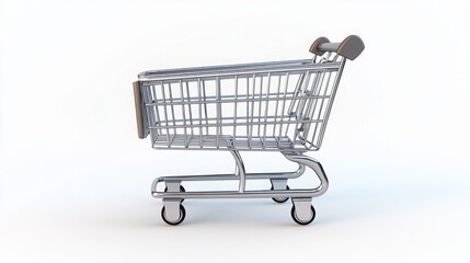 Modern, minimalist 3D shopping cart illustration against a white background, featuring sleek metallic frame and detailed wheels. 