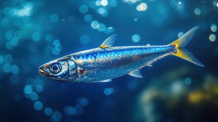 Sardine fish swimming underwater in sea or ocean, marine life and aquatic ecosystems, tropical wildlife food with a deep blue nautical background