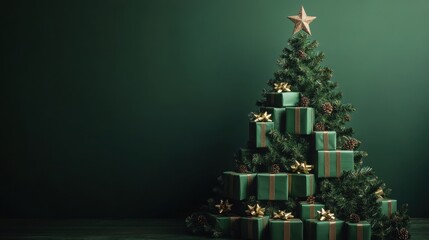Fototapeta premium Green christmas presents and gifts stacked into a festive christmas tree shape