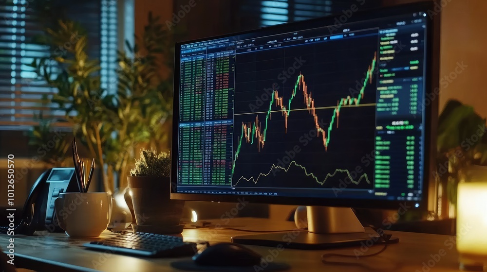 Poster professional trader monitor displaying stock charts with volume analysis, highlighting key indicator