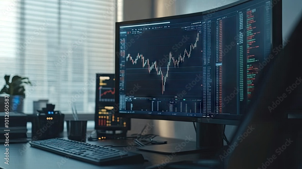 Poster professional trader monitor displaying stock charts with volume analysis, highlighting key indicator