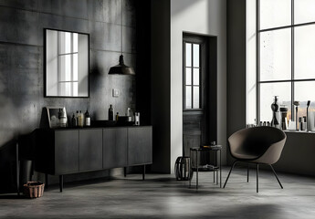 Fototapeta premium Modern Black and Gray Interior with Sideboard and Armchair