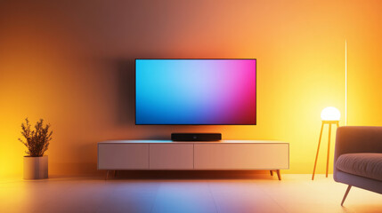 Modern corner TV stand with soundbar and flat screen TV, illuminated by warm ambient lighting, creating cozy atmosphere. stylish design complements contemporary decor