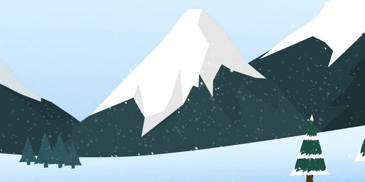 Snowy mountain winter landscape with snow flakes fall scene 2d animation parallax effect motion.
