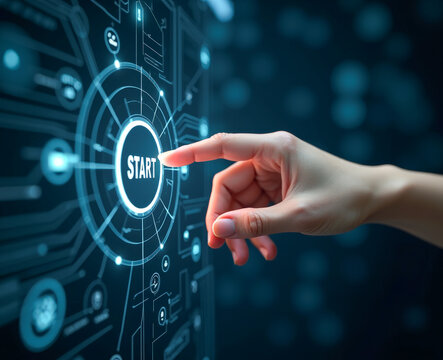 human hand presses the virtual start button