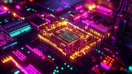 Fototapeta premium Close up of a glowing circuit board with a processor in the center.