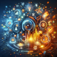 3D Glowing Abstract Acquisition Art with Digital Network Symbols � Futuristic Background for Corporate Mergers | Ideal for Business and Financial Marketing Campaigns