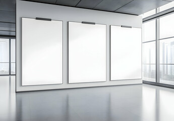 Fototapeta premium Empty Room with Three Blank Posters on the Wall