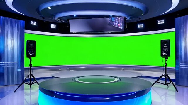 A modern studio setup featuring a large curved green screen and speakers, designed for virtual presentations, broadcasts, or digital events.
