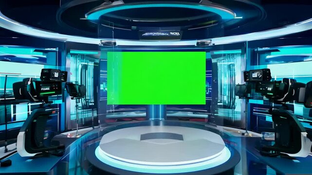 A futuristic TV studio featuring a central green screen and robotic cameras, ideal for virtual productions and advanced broadcasting setups.
