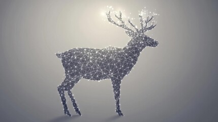 Abstract reindeer silhouette created from angular polygons, glowing softly against a grey gradient background, background, no blur, photo not dark, everything is clear, copy space