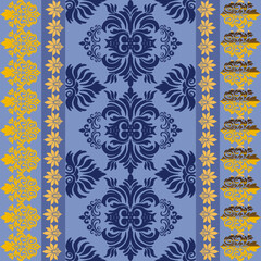 Elegant Blue and Yellow Baroque Floral Pattern with Ornamental Decorative Borders – Vintage Damask Design for Wallpaper, Fabric, or Graphic Use Featuring Symmetrical Floral Motifs and Classic Style