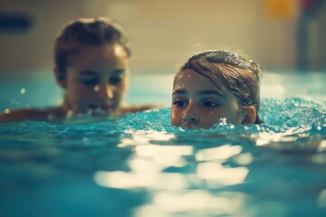 Girl learning to swim with instructor at the pool