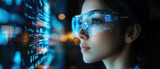 Woman in futuristic glasses looks at holographic display.