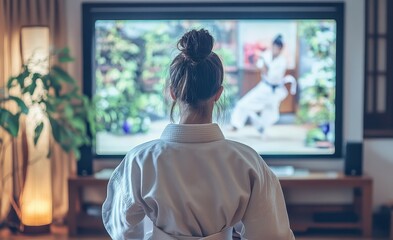 Girl practicing taekwondo in living room during COVID 19 lockdown online learning and social distancing
