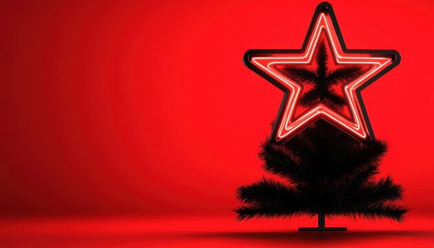 Black Christmas star topper glowing on a redlit tree, 3D illustration, background, no blur, photo not dark, everything is clear, copy space